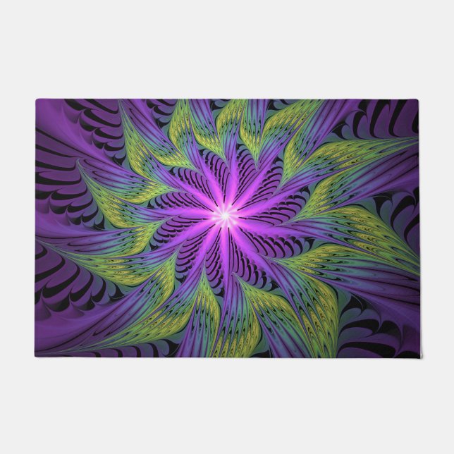 Purple Green Flower Modern Abstract Fractal Art Doormat (Front)