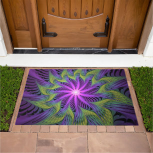 Purple Green Flower Modern Abstract Fractal Art Doormat