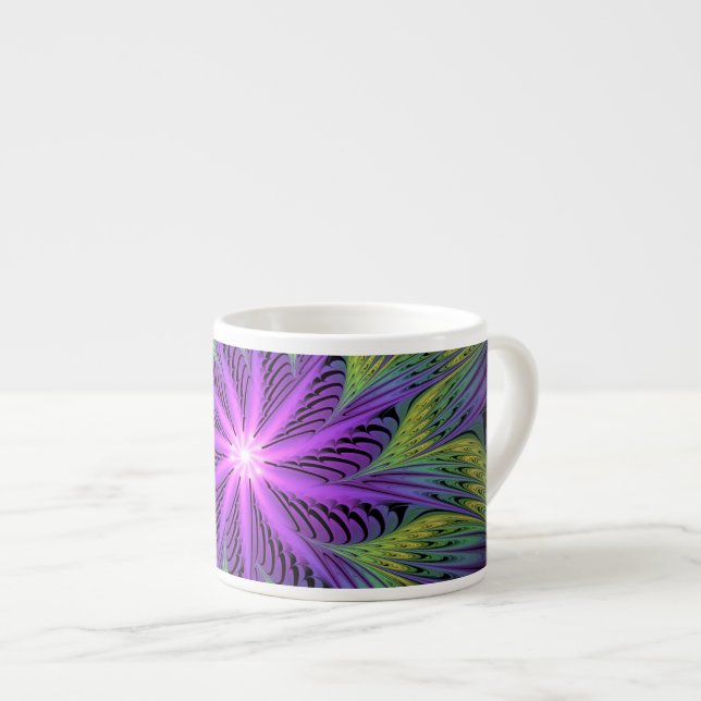 Purple Green Flower Modern Abstract Fractal Art Espresso Cup (Front Right)