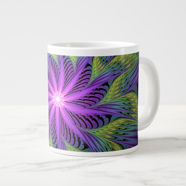 Purple Green Flower Modern Abstract Fractal Art Giant Coffee Mug (Front Right)