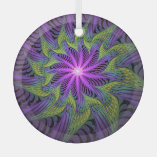 Purple Green Flower Modern Abstract Fractal Art Glass Ornament
