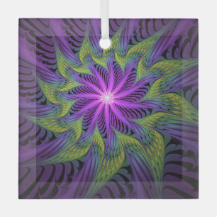Purple Green Flower Modern Abstract Fractal Art Glass Ornament