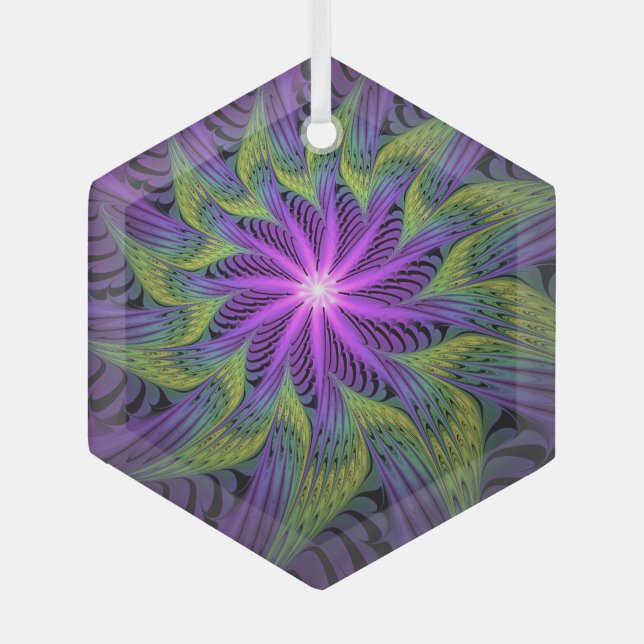 Purple Green Flower Modern Abstract Fractal Art Glass Ornament (Front)