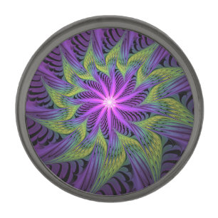 Purple Green Flower Modern Abstract Fractal Art Gunmetal Finish Lapel Pin