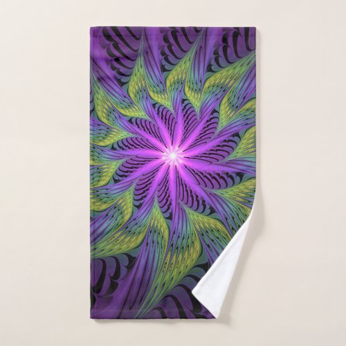 Purple Green Flower Modern Abstract Fractal Art Hand Towel