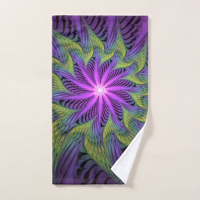 Purple Green Flower Modern Abstract Fractal Art Hand Towel (Hand Towel)