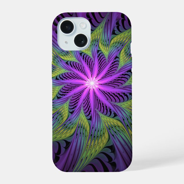 Purple Green Flower Modern Abstract Fractal Art iPhone 15 Case (Back)
