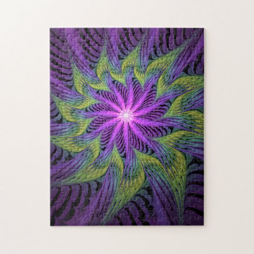 Purple Green Flower Modern Abstract Fractal Art Jigsaw Puzzle
