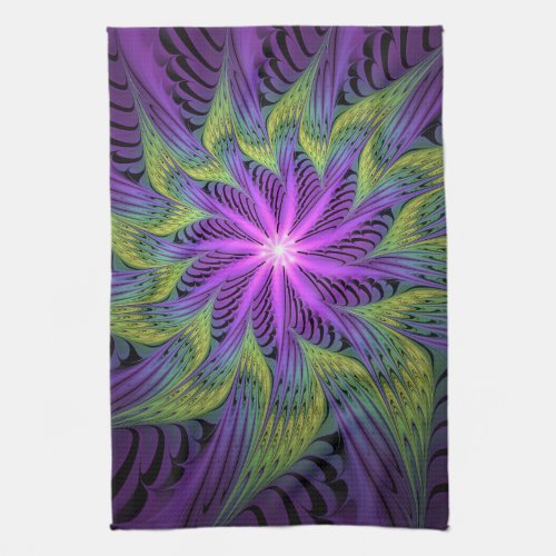 Purple Green Flower Modern Abstract Fractal Art Kitchen Towel