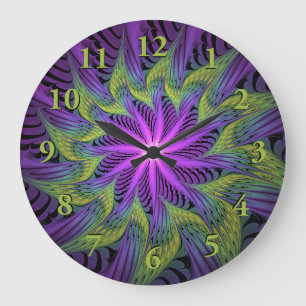 Purple Green Flower Modern Abstract Fractal Art Large Clock