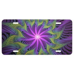 Purple Green Flower Modern Abstract Fractal Art License Plate