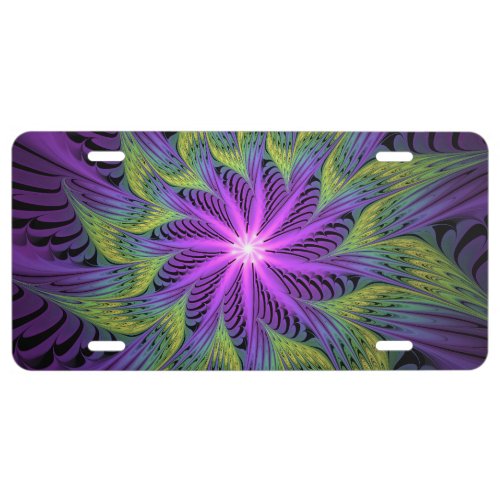 Purple Green Flower Modern Abstract Fractal Art License Plate