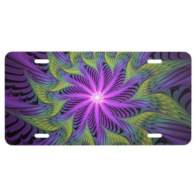 Purple Green Flower Modern Abstract Fractal Art License Plate (Front)