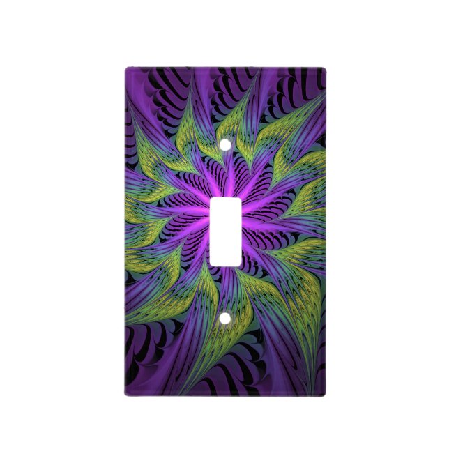 Purple Green Flower Modern Abstract Fractal Art Light Switch Cover (Front)