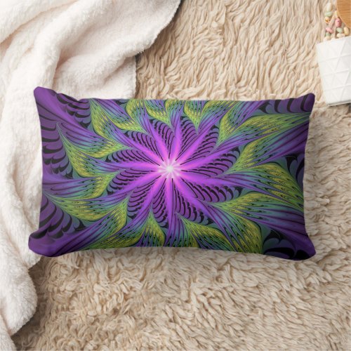 Purple Green Flower Modern Abstract Fractal Art Lumbar Pillow