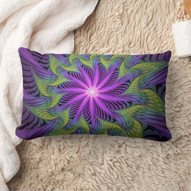 Purple Green Flower Modern Abstract Fractal Art Lumbar Pillow (Blanket)