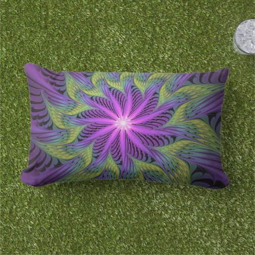 Purple Green Flower Modern Abstract Fractal Art Lumbar Pillow