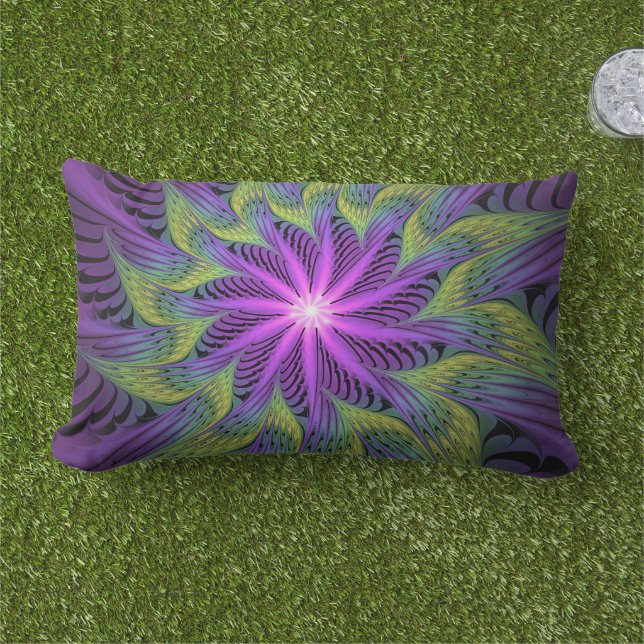 Purple Green Flower Modern Abstract Fractal Art Lumbar Pillow (Grass)