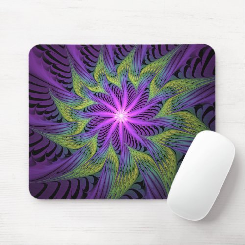 Purple Green Flower Modern Abstract Fractal Art Mouse Pad