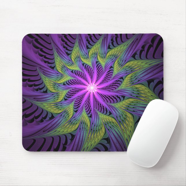 Purple Green Flower Modern Abstract Fractal Art Mouse Pad (With Mouse)