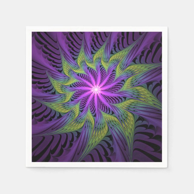 Purple Green Flower Modern Abstract Fractal Art Napkins (Front)