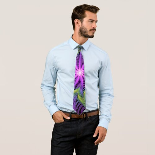 Purple Green Flower Modern Abstract Fractal Art Neck Tie