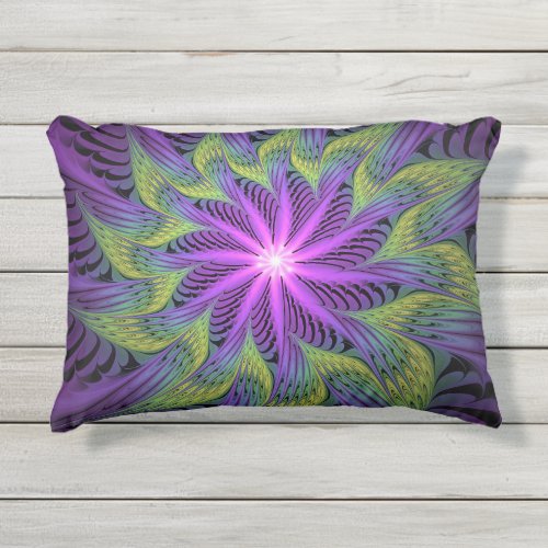 Purple Green Flower Modern Abstract Fractal Art Outdoor Pillow