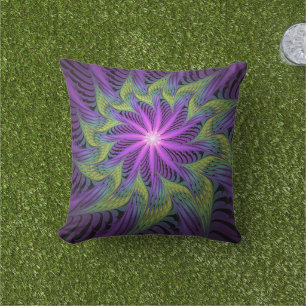 Purple Green Flower Modern Abstract Fractal Art Outdoor Pillow