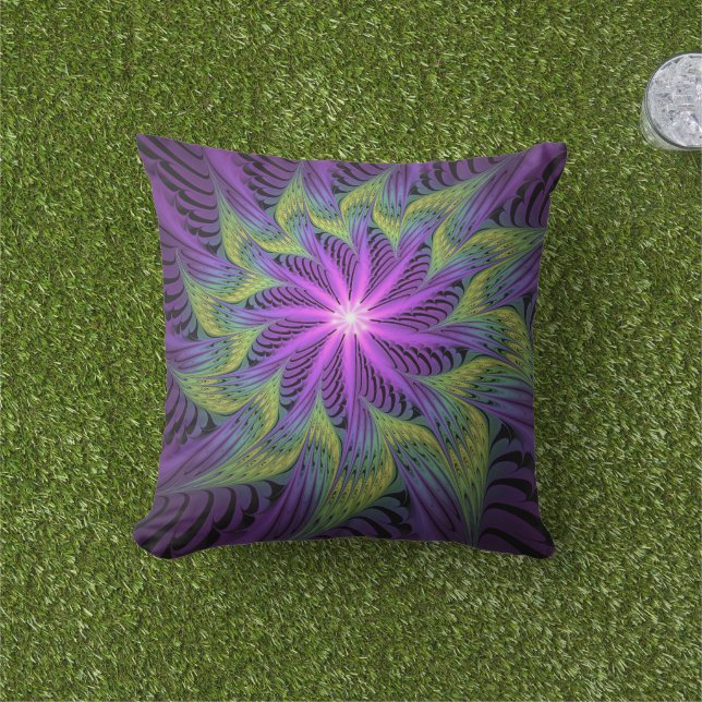 Purple Green Flower Modern Abstract Fractal Art Outdoor Pillow (Grass)