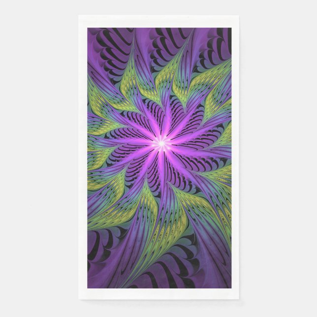 Purple Green Flower Modern Abstract Fractal Art Paper Guest Towels (Front)