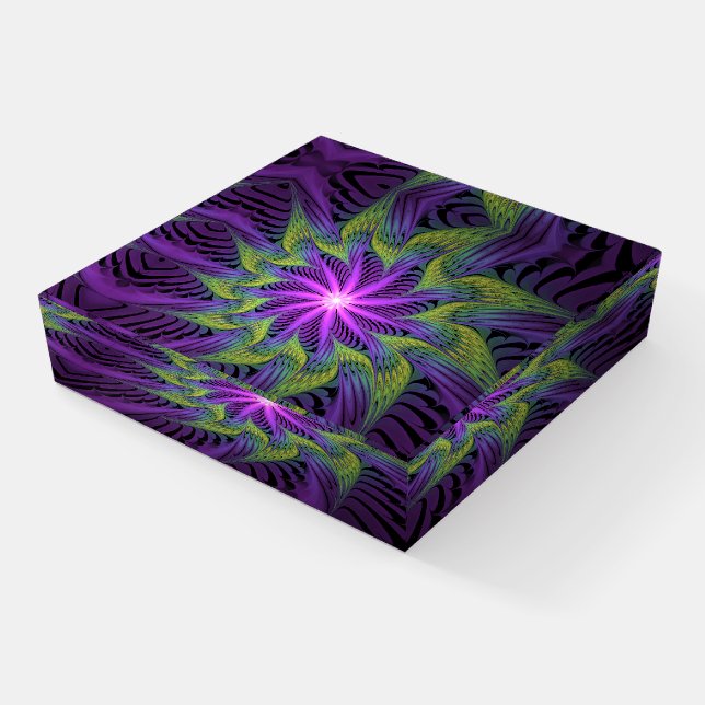 Purple Green Flower Modern Abstract Fractal Art Paperweight (Angled)