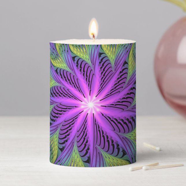 Purple Green Flower Modern Abstract Fractal Art Pillar Candle (In Situ)