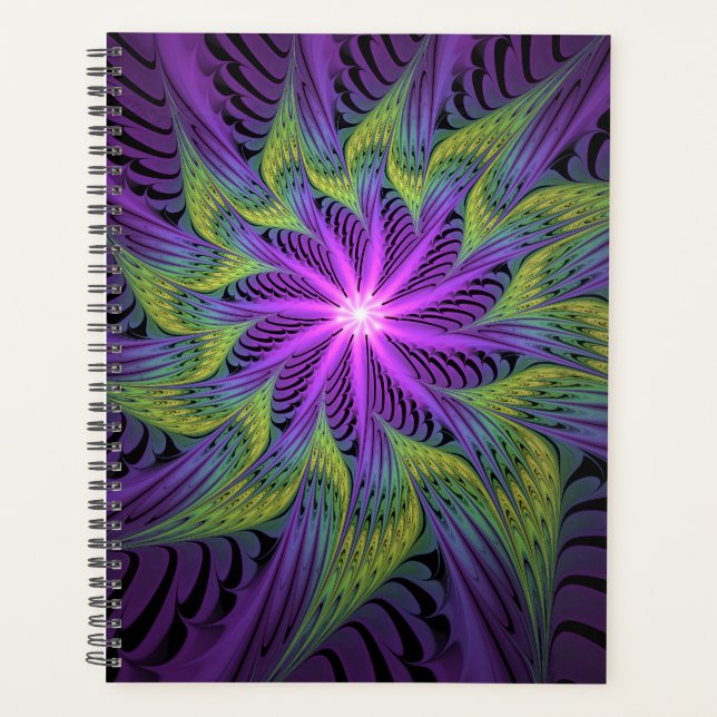 Purple Green Flower Modern Abstract Fractal Art Planner (Front)