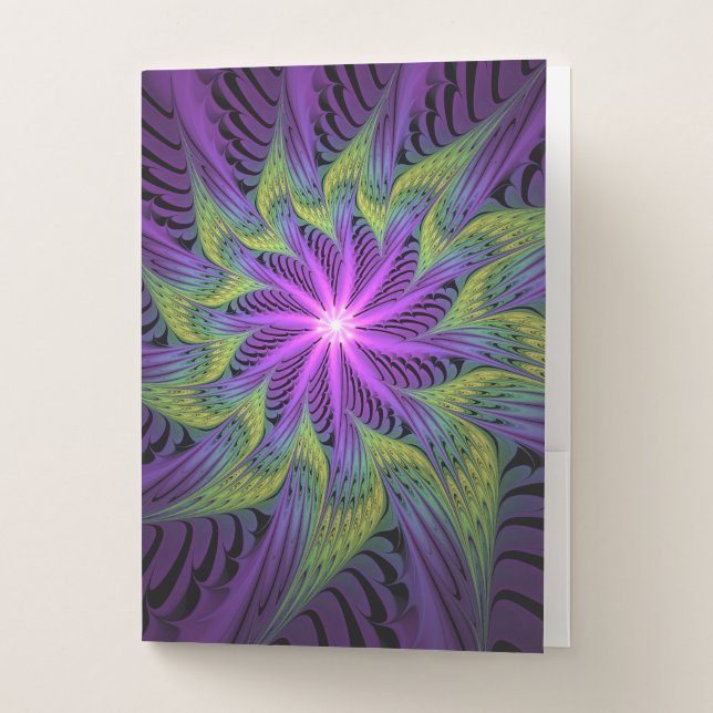 Purple Green Flower Modern Abstract Fractal Art Pocket Folder (Front)