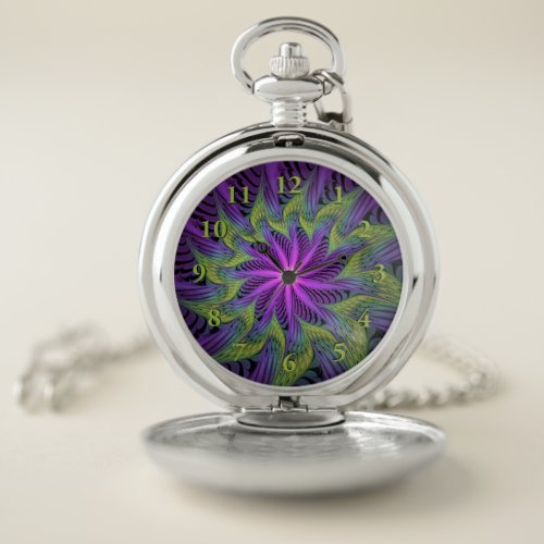 Purple Green Flower Modern Abstract Fractal Art Pocket Watch