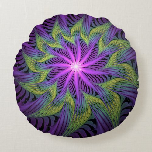 Purple Green Flower Modern Abstract Fractal Art Round Pillow