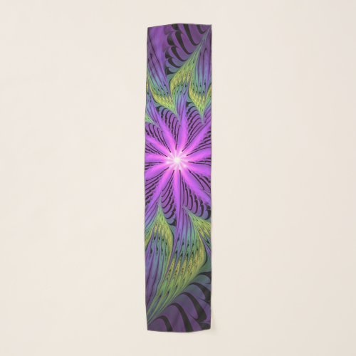 Purple Green Flower Modern Abstract Fractal Art Scarf