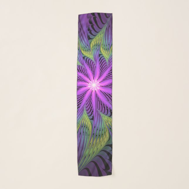Purple Green Flower Modern Abstract Fractal Art Scarf (Front)