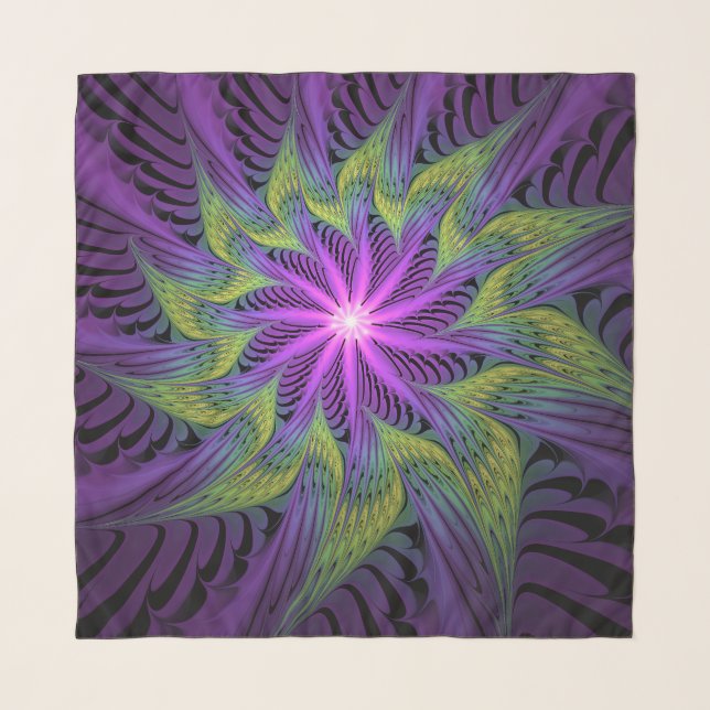 Purple Green Flower Modern Abstract Fractal Art Scarf (Front)