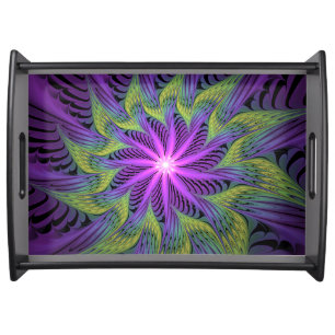 Purple Green Flower Modern Abstract Fractal Art Serving Tray