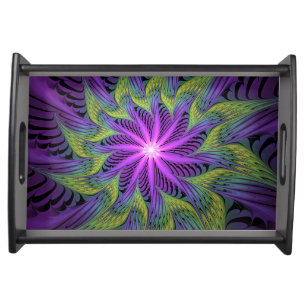 Purple Green Flower Modern Abstract Fractal Art Serving Tray