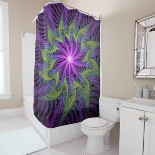 Purple Green Flower Modern Abstract Fractal Art Shower Curtain
