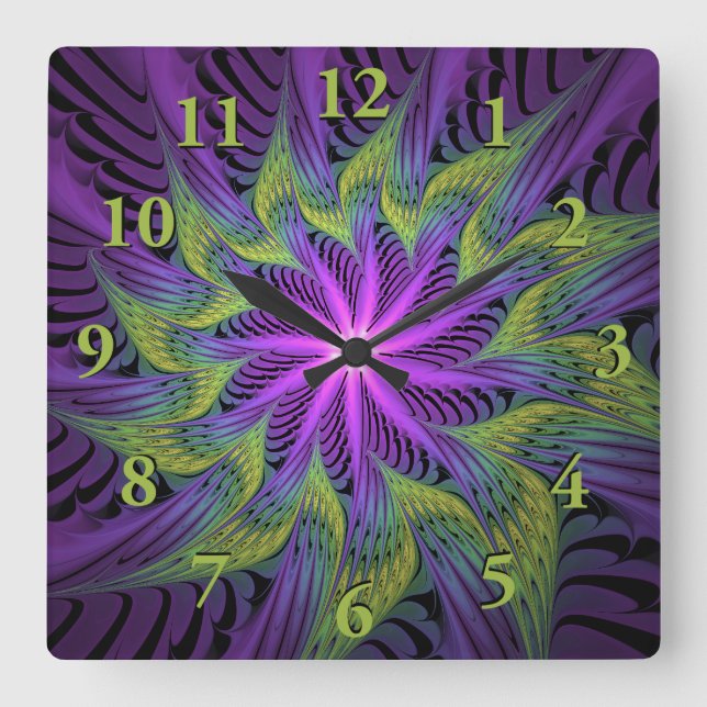 Purple Green Flower Modern Abstract Fractal Art Square Wall Clock (Front)