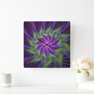 Purple Green Flower Modern Abstract Fractal Art Square Wall Clock