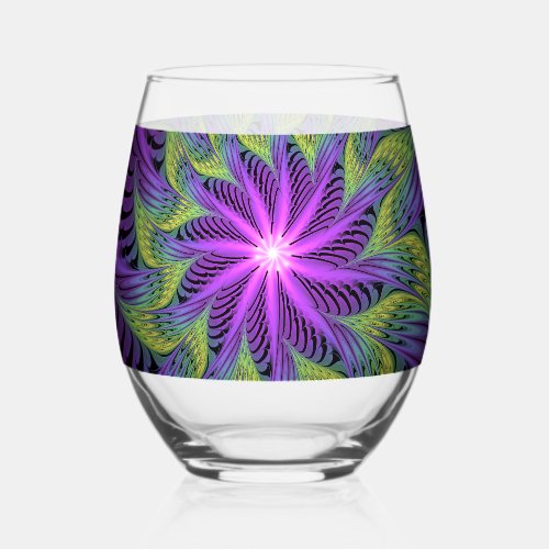 Purple Green Flower Modern Abstract Fractal Art Stemless Wine Glass