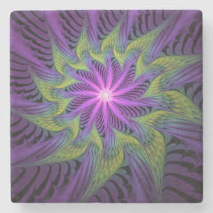 Purple Green Flower Modern Abstract Fractal Art Stone Coaster