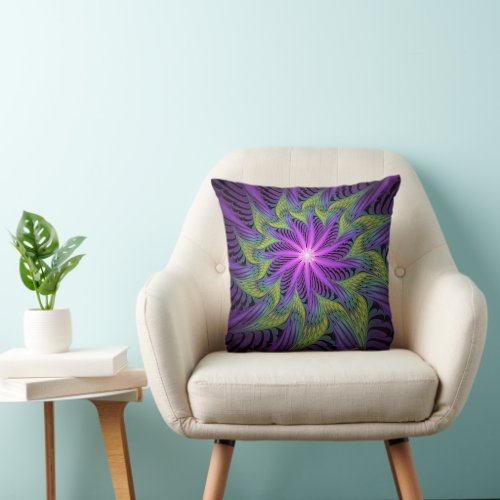 Purple Green Flower Modern Abstract Fractal Art Throw Pillow