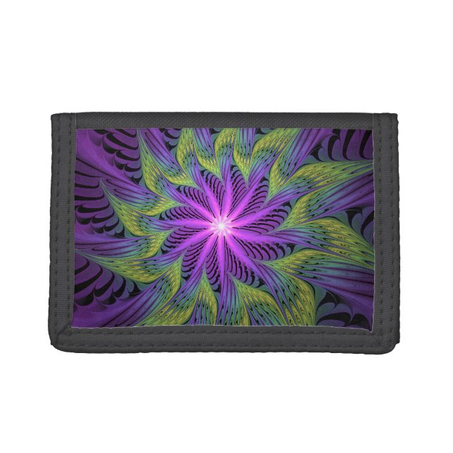 Purple Green Flower Modern Abstract Fractal Art Trifold Wallet (Front)