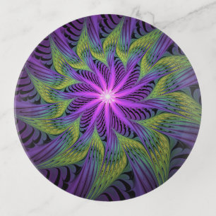 Purple Green Flower Modern Abstract Fractal Art Trinket Tray