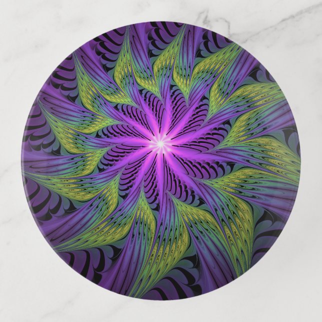 Purple Green Flower Modern Abstract Fractal Art Trinket Tray (Front)